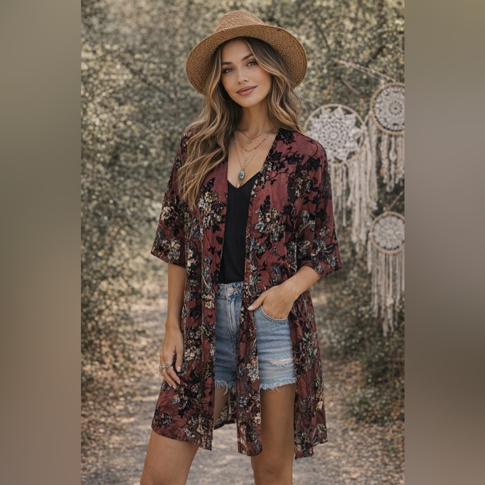 Arizona Jean Co. Burnout Velvet Floral Kimono Duster Cardigan XS/S Boho Sheer